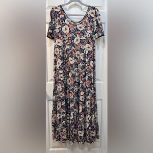 Natural Life Pansy Tiered Maxi Dress Size S Boho Blue Multi Floral Short Sleeve